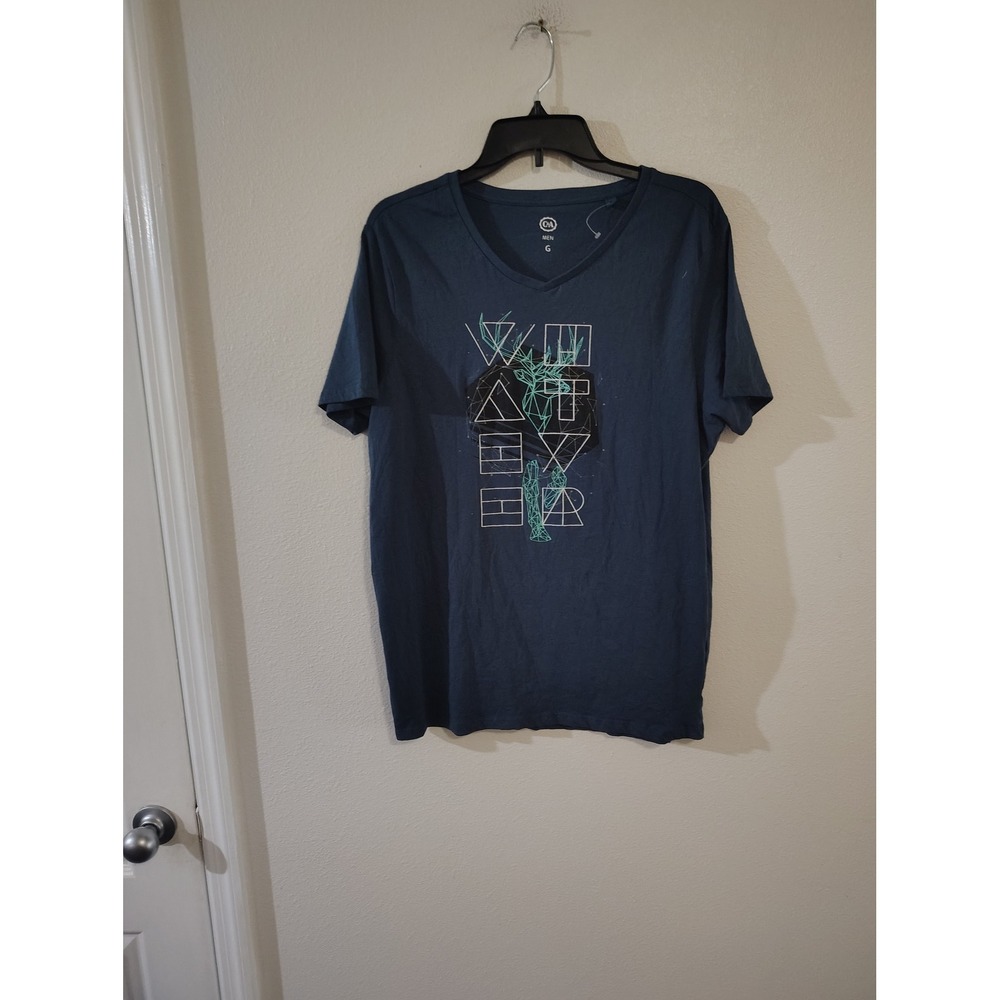 C&A‎ Mens Whatever Graphic V-Neck T-Shirt Blue Teal Short Sleeve Size G Large